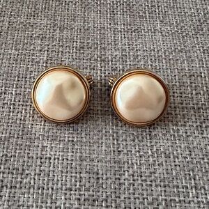 Vintage Monet Faux Pearl Gold Tone Clip-On Earrings Classic Round